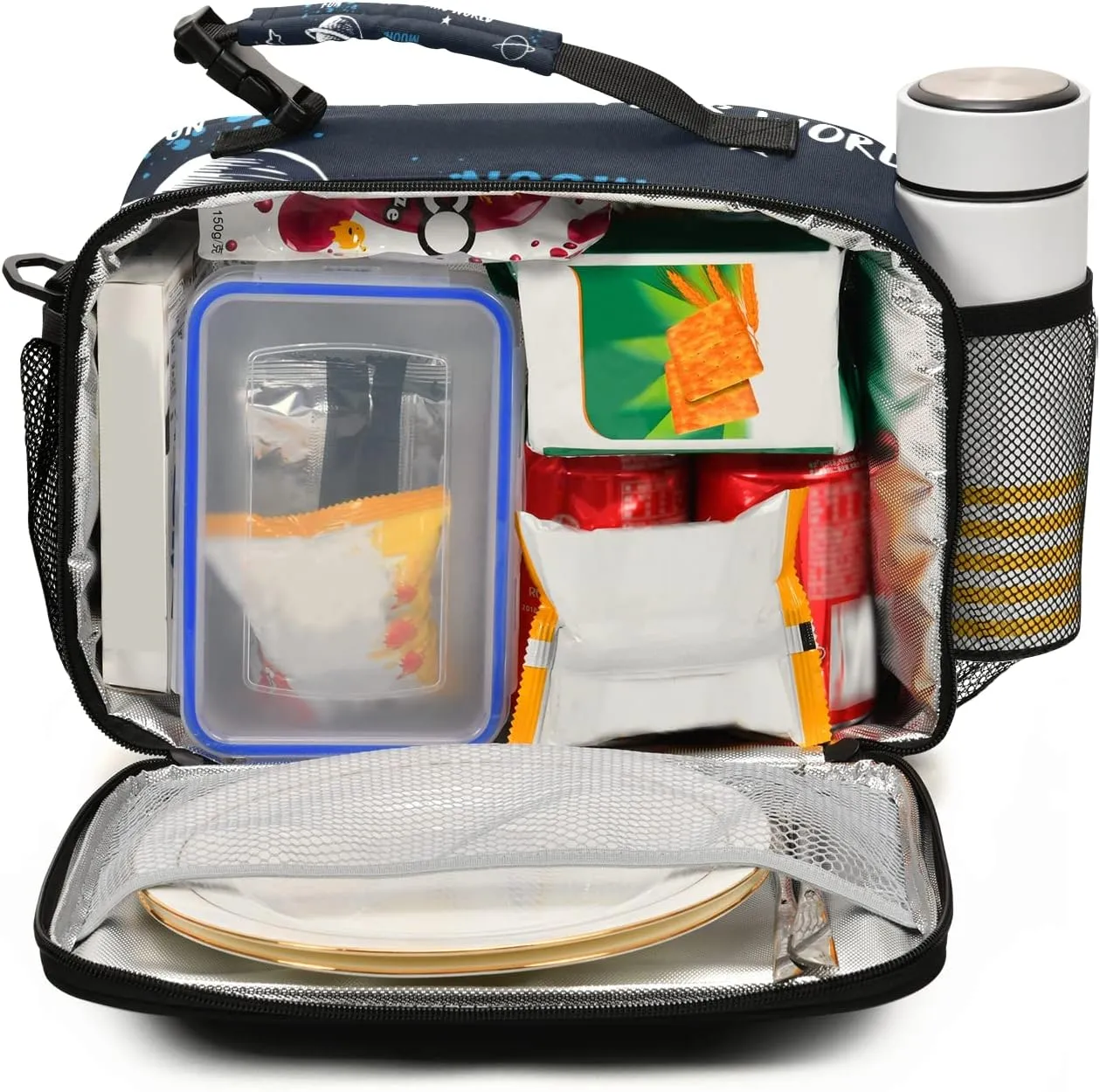 Lunch Box Space Rocket Planet Insulated School Lunch Bag Kids Cooler Tote Boys Girls Reusable Shoulder Strap Picnic Travel Office