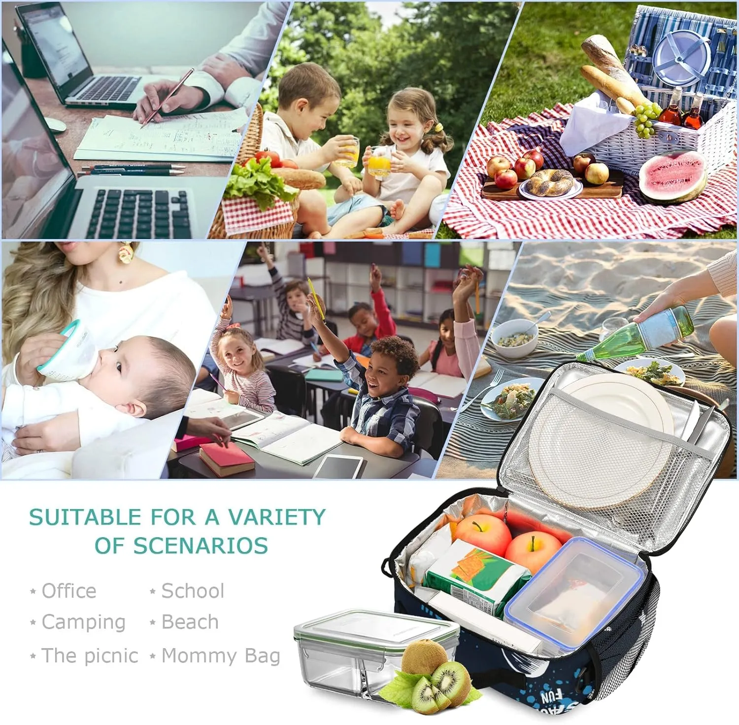 Lunch Box Space Rocket Planet Insulated School Lunch Bag Kids Cooler Tote Boys Girls Reusable Shoulder Strap Picnic Travel Office