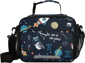 Lunch Box Space Rocket Planet Insulated School Lunch Bag Kids Cooler Tote Boys Girls Reusable Shoulder Strap Picnic Travel Office
