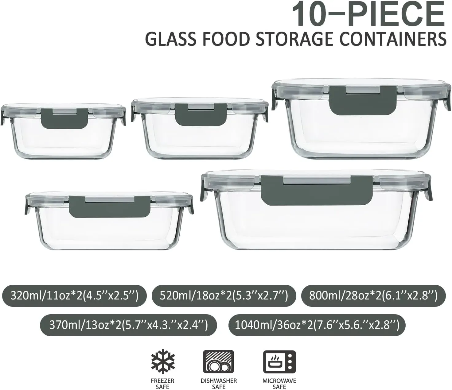 M MCIRCO 10-Pack Glass Food Storage Container with Lids, Airtight Glass Lunch Bento Boxes, Leak Proof Glass Meal Prep Container,Microwave, Oven, Freezer and Dishwasher Friendly