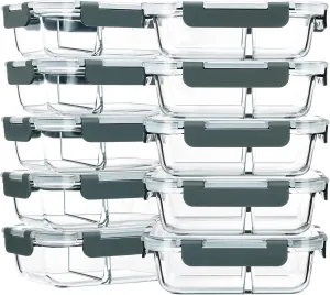 M MCIRCO 10-Pack,30 Oz Glass Meal Prep Containers 2 Compartments Airtight Lunch Bento Boxes with Lids, Glass Food Storage Containers, Microwave, Oven, Freezer and Dishwasher