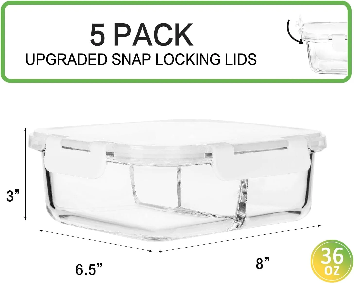 M MCIRCO [5-Pack,36 oz] Glass Meal Prep Containers 3 Compartment with Lids, Glass Lunch Containers,Food Prep Lunch Box,Bento Box, Microwave, Oven, Freezer, Dishwasher (4.5 Cups, White)