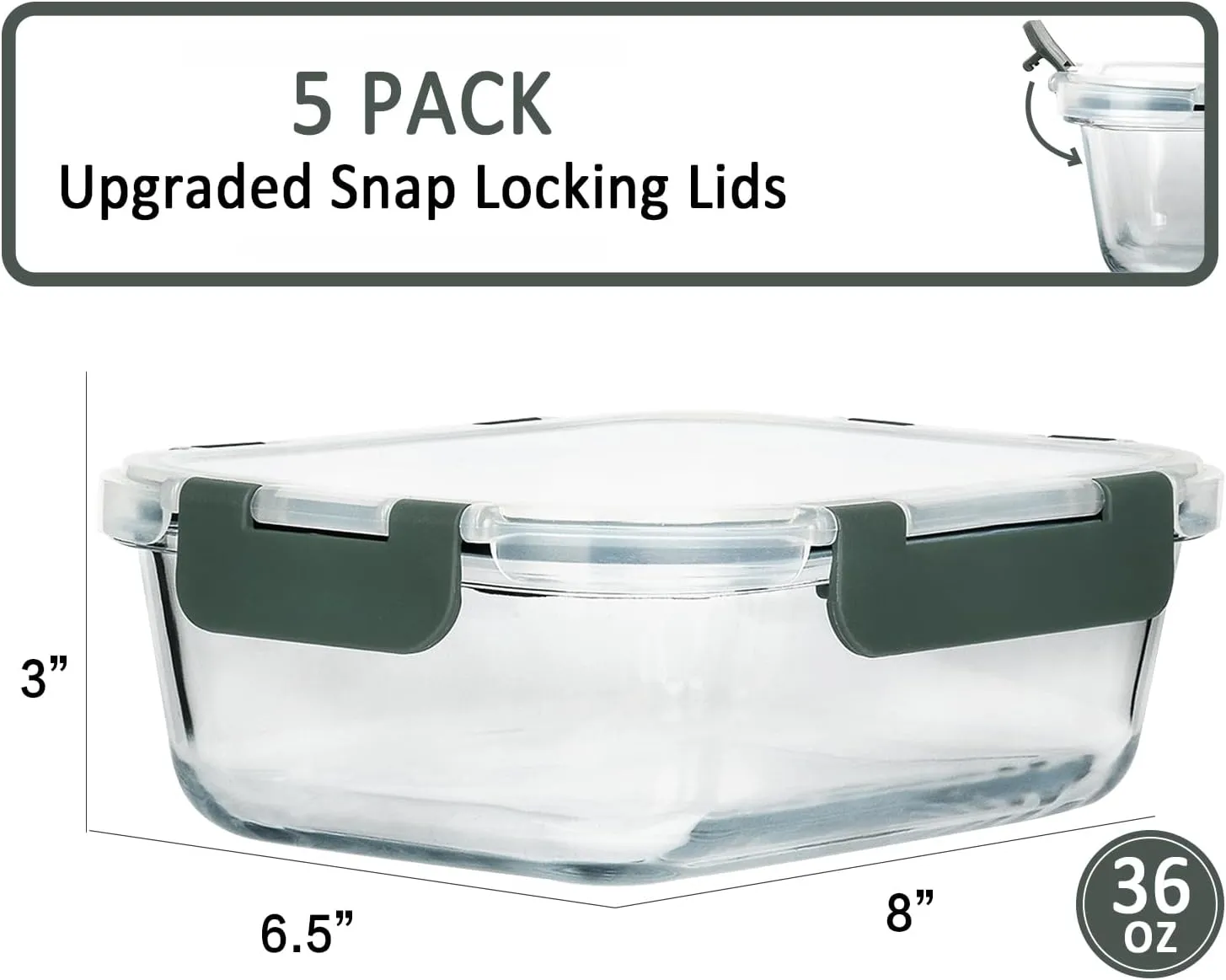 M MCIRCO [5-Packs, 36 Oz Glass Meal Prep Containers with Snap Locking Lids Glass Food Containers,Airtight Lunch Container,Microwave, Oven, Freezer and Dishwasher (4.5 Cup)