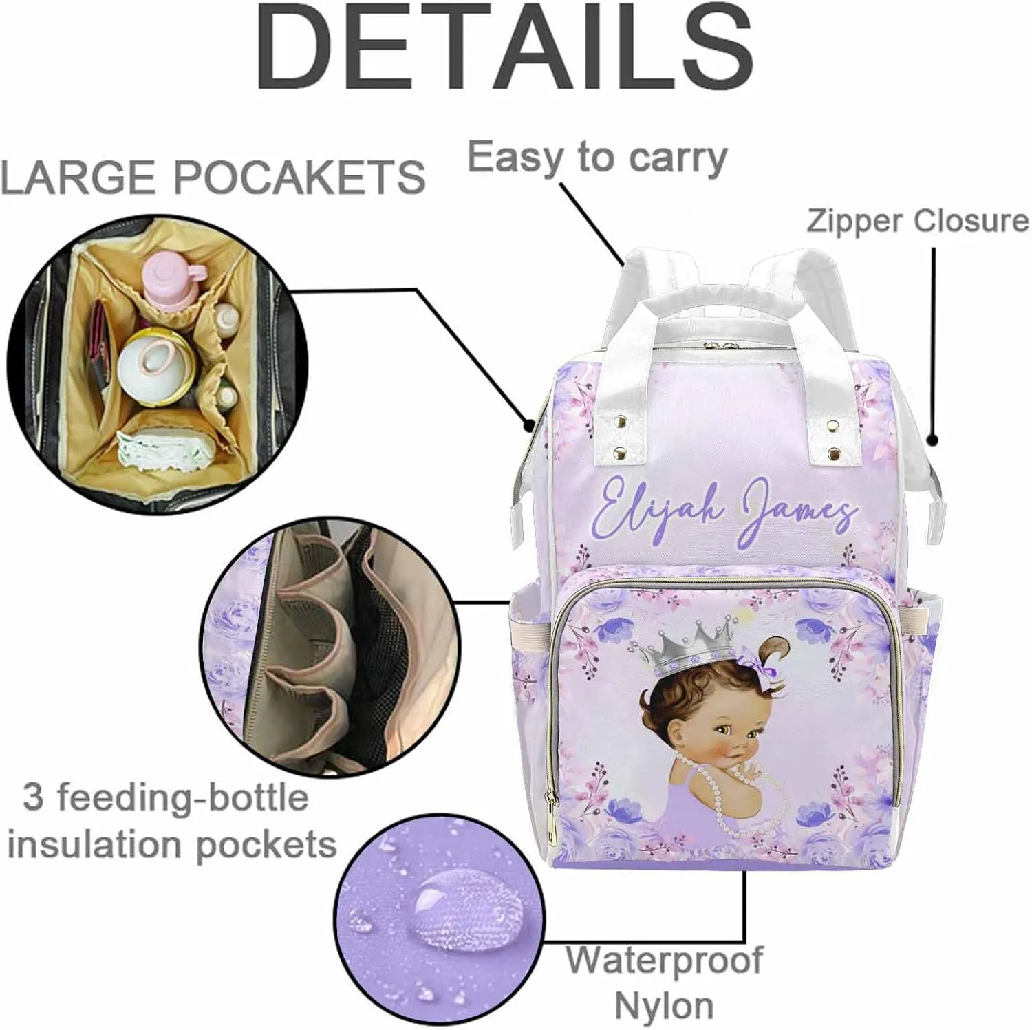 M YESCUSTOM Personalized Diaper Bag Backpack with Name Custom Purple Flower Mommy Nursing Daypack Customized Newborn Gift for Women