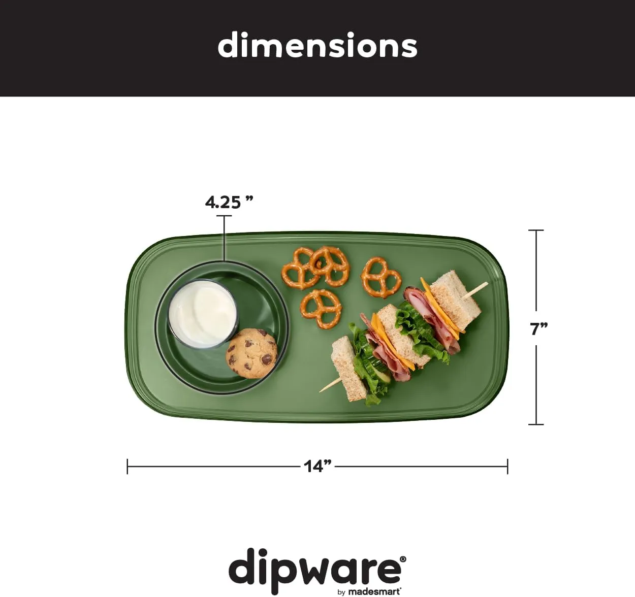 Madesmart Dipware Small Reusable Serving Tray for Appetizers and Snacks, Food-Safe Small Appetizer Serving Platter with Removable Dip Bowl, Olive