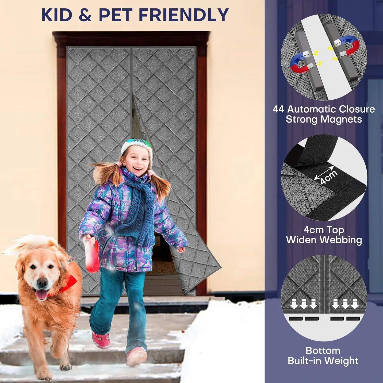 Magnetic Thermal Insulated Curtain Fit Door Size 38 x 82 Inch, Oxford Cloth Thicken Cotton Filled, Winter Door Cover Keep Cold Draft Out, with Storage Bags on Both Sides, Gray