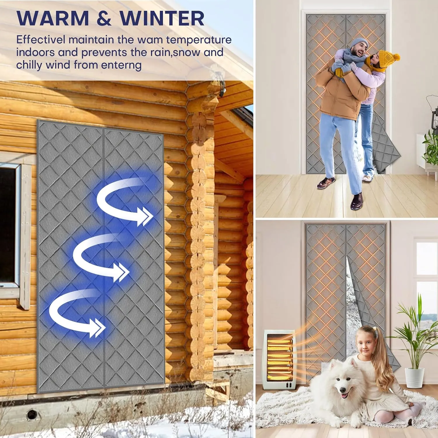Magnetic Thermal Insulated Curtain Fit Door Size 38 x 82 Inch, Oxford Cloth Thicken Cotton Filled, Winter Door Cover Keep Cold Draft Out, with Storage Bags on Both Sides, Gray