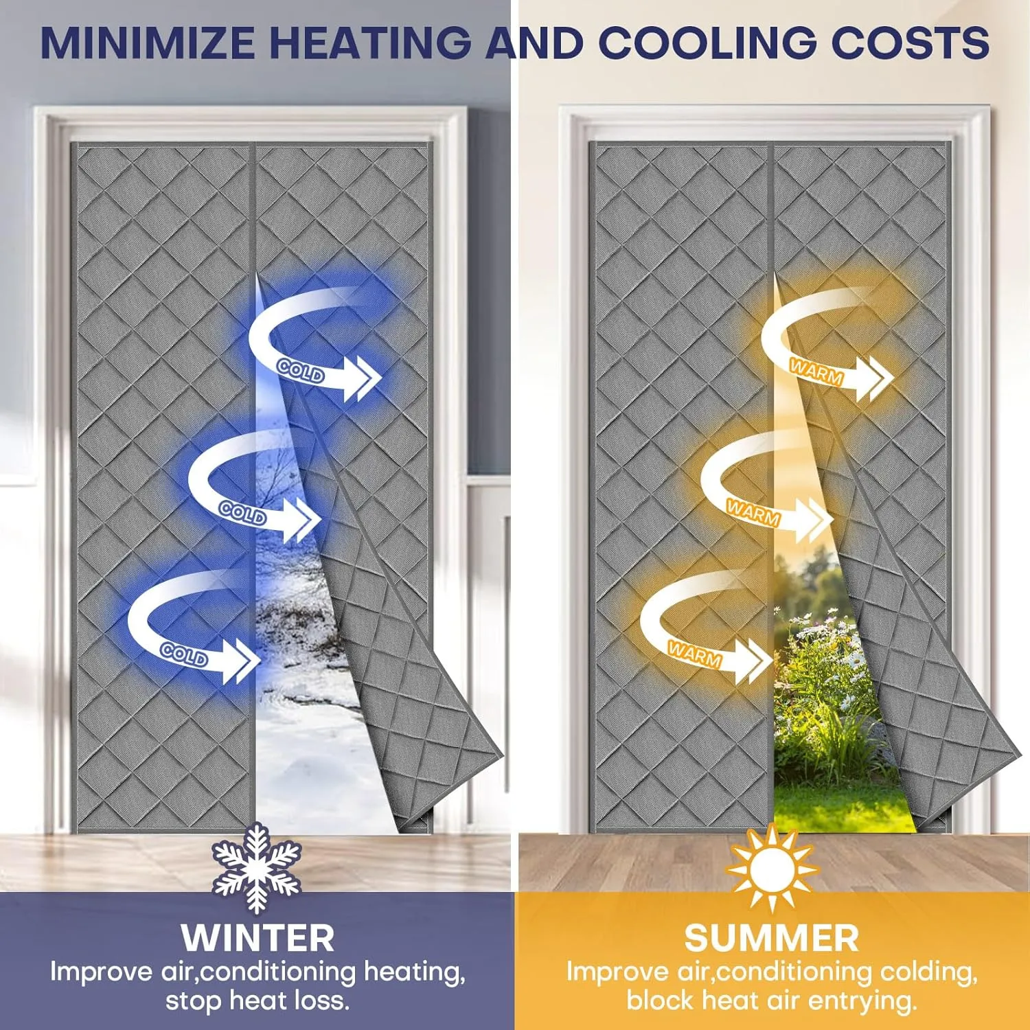Magnetic Thermal Insulated Curtain Fit Door Size 38 x 82 Inch, Oxford Cloth Thicken Cotton Filled, Winter Door Cover Keep Cold Draft Out, with Storage Bags on Both Sides, Gray