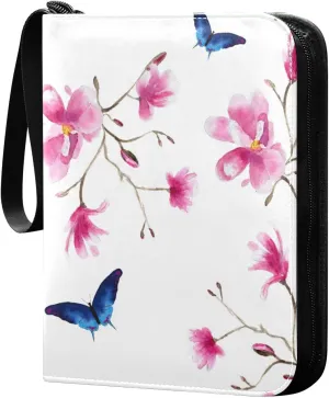 Magnolia Flower with Butterflies Pattern Card Binder for Trading Cards, 4 Pocket with 50 Sleeves up to 400 Cards, Double Sided Pockets Card Holder Carry Case for Baseball Card, Football Card, Gaming C