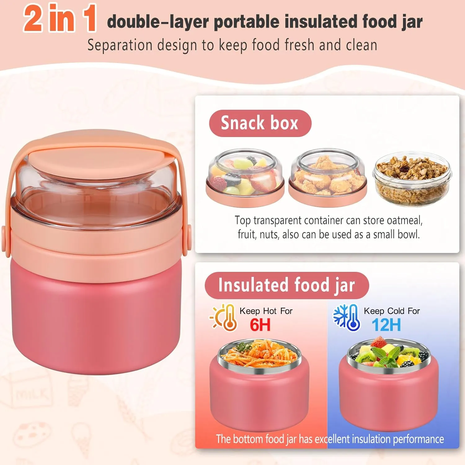 MAISON HUIS 2-in-1 Insulated Food Jar 8oz Soup Thermo with Tritan Snack Container Kids Thermo for Hot Food Lunch Containers Wide Mouth Vacuum Stainless Steel Leak Proof for School Travel