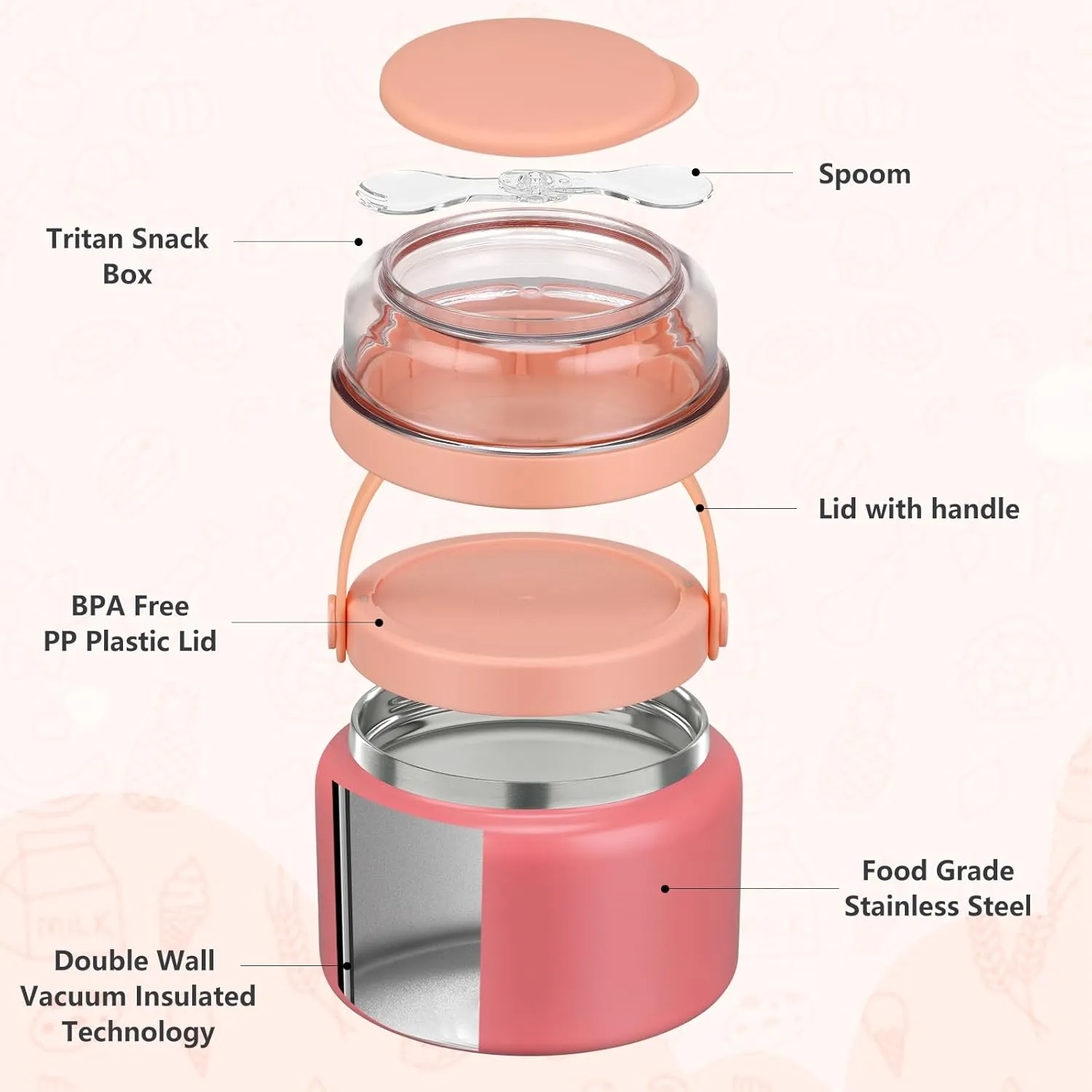 MAISON HUIS 2-in-1 Insulated Food Jar 8oz Soup Thermo with Tritan Snack Container Kids Thermo for Hot Food Lunch Containers Wide Mouth Vacuum Stainless Steel Leak Proof for School Travel