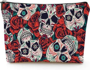 Makeup Bag for Women Travel Makeup Bag Large Cosmetic Bag Zipper Pouch Toiletry Bags Makeup Organizer Bag 7X10in - Skull Flower