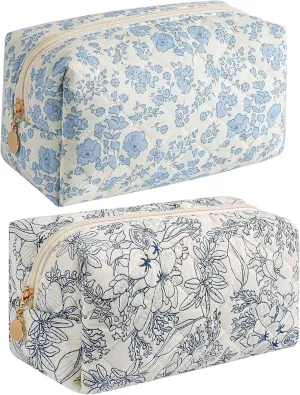 Makeup Bag Travel Cosmetic Bag for Women Girls, Zipper Make Up Pouch, Floral Flowers Toiletry Organizer Makeup, Portable Storage Bag, Cosmetic Travel Cloth Bag (Blue Floral Navy Blue Flower)