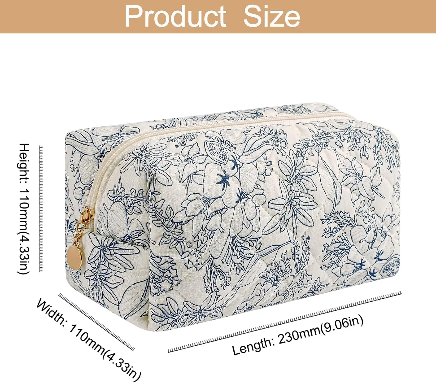 Makeup Bag Travel Cosmetic Bag for Women Girls, Zipper Make Up Pouch, Floral Flowers Toiletry Organizer Makeup, Portable Storage Bag, Cosmetic Travel Cloth Bag (Blue Floral Navy Blue Flower)