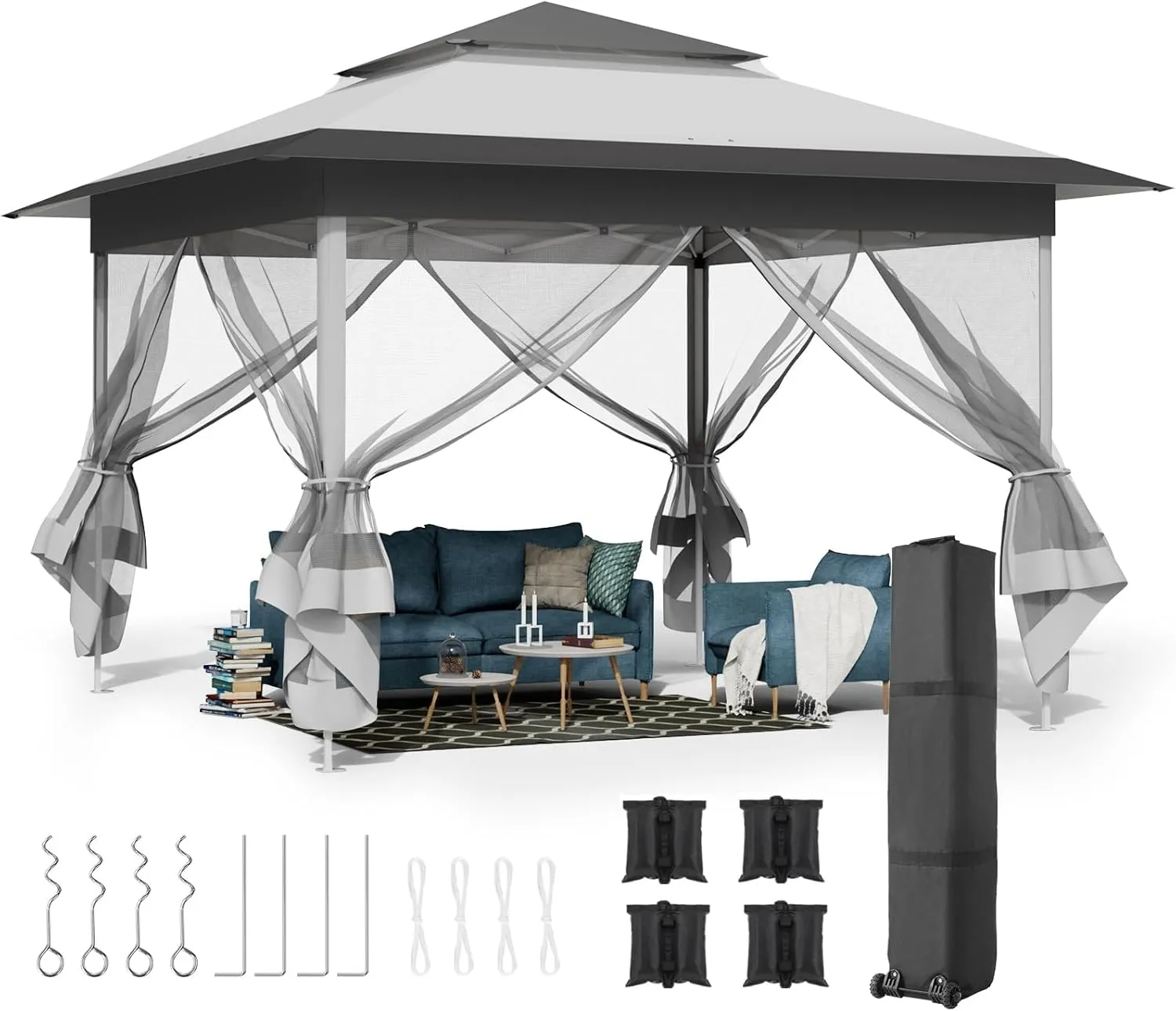MAMIZO 13ft Pop Up Gazebo, Outdoor Instant Canopy Tent w/4 Netting Sidewall & Auto Extending Eave, Patio Gazebos Shelter w/Mesh Wall, Center Lock, Wheeled Bag for Garden, Yard (Grey, 13X13FT)