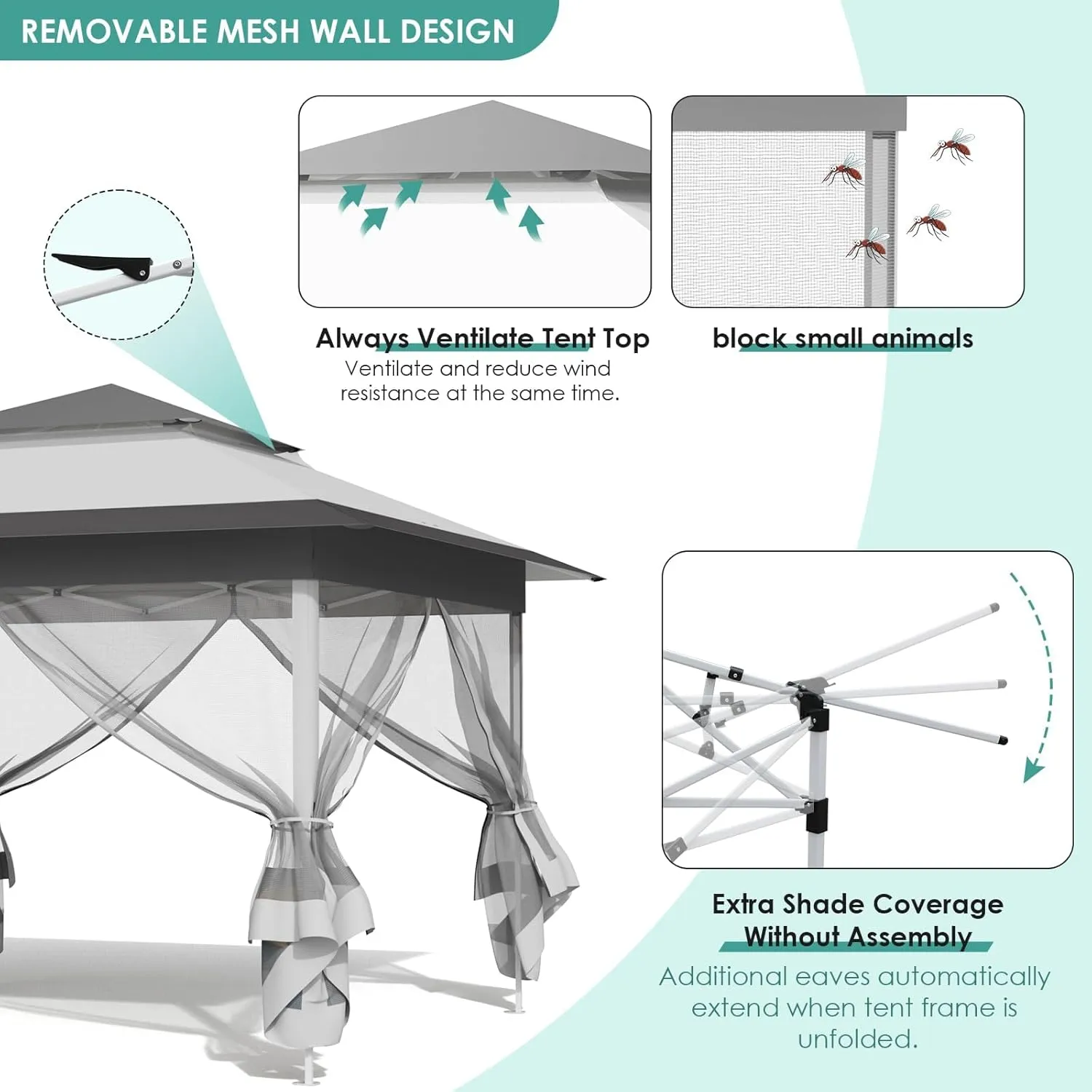 MAMIZO 13ft Pop Up Gazebo, Outdoor Instant Canopy Tent w/4 Netting Sidewall & Auto Extending Eave, Patio Gazebos Shelter w/Mesh Wall, Center Lock, Wheeled Bag for Garden, Yard (Grey, 13X13FT)