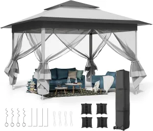 MAMIZO 13ft Pop Up Gazebo, Outdoor Instant Canopy Tent w/4 Netting Sidewall & Auto Extending Eave, Patio Gazebos Shelter w/Mesh Wall, Center Lock, Wheeled Bag for Garden, Yard (Grey, 13X13FT)