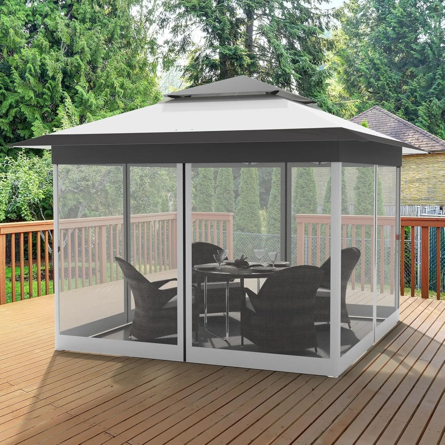 MAMIZO 13ft Pop Up Gazebo, Outdoor Instant Canopy Tent w/4 Netting Sidewall & Auto Extending Eave, Patio Gazebos Shelter w/Mesh Wall, Center Lock, Wheeled Bag for Garden, Yard (Grey, 13X13FT)