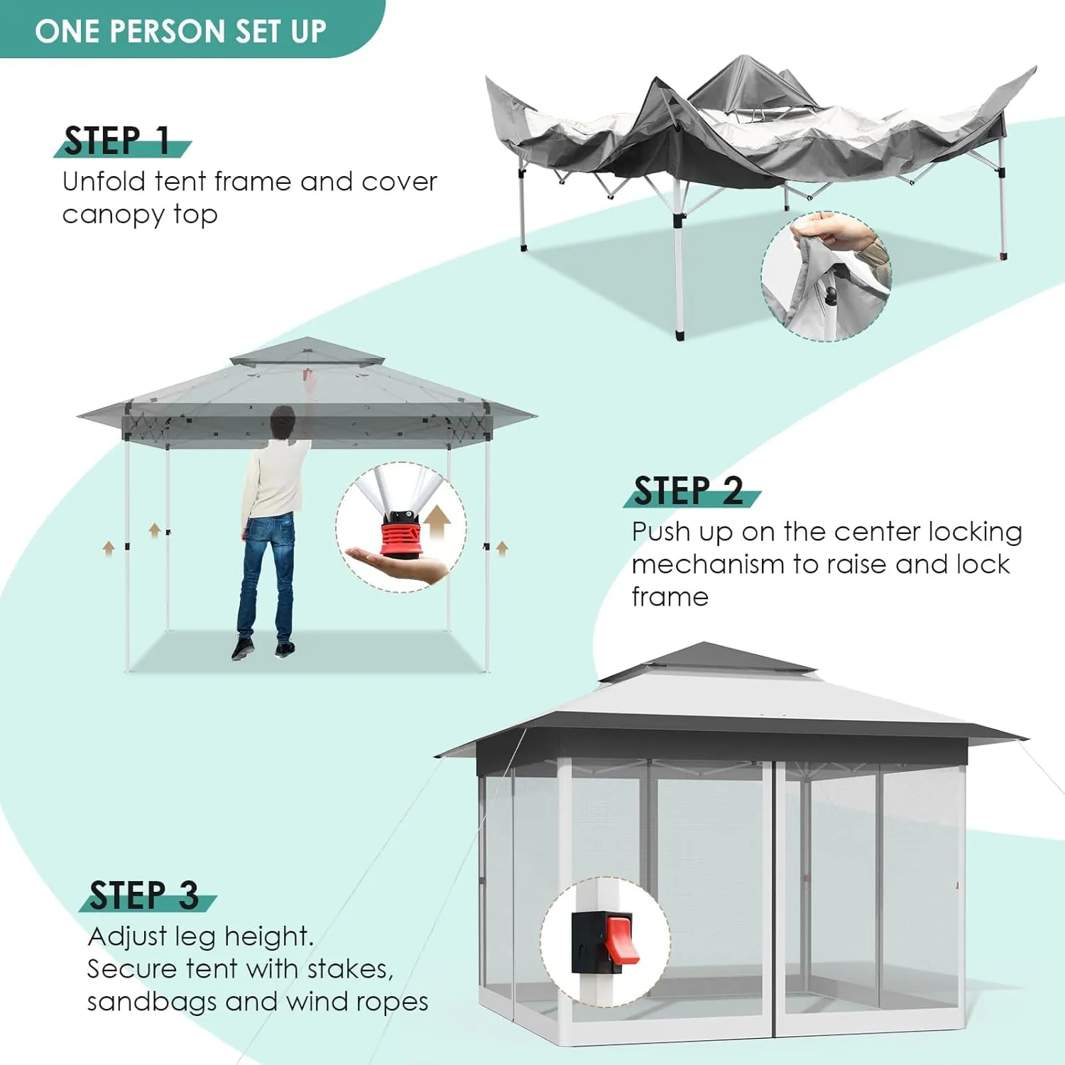 MAMIZO 13ft Pop Up Gazebo, Outdoor Instant Canopy Tent w/4 Netting Sidewall & Auto Extending Eave, Patio Gazebos Shelter w/Mesh Wall, Center Lock, Wheeled Bag for Garden, Yard (Grey, 13X13FT)
