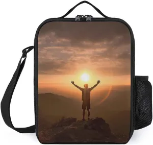 Man Raises His Arms Lunch Bag for Women Men Lunch Box with Front Pocket Insulated Lunch Tote Bag for Office Work