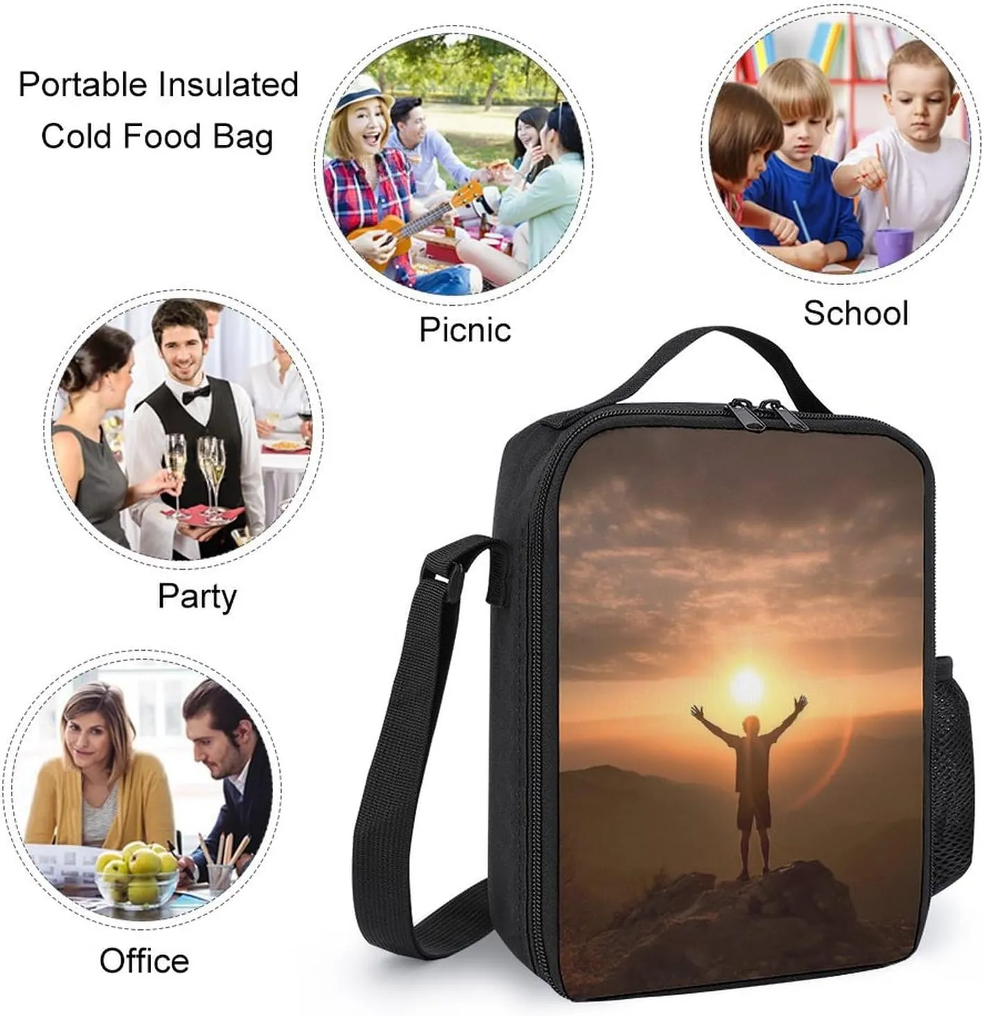 Man Raises His Arms Lunch Bag for Women Men Lunch Box with Front Pocket Insulated Lunch Tote Bag for Office Work