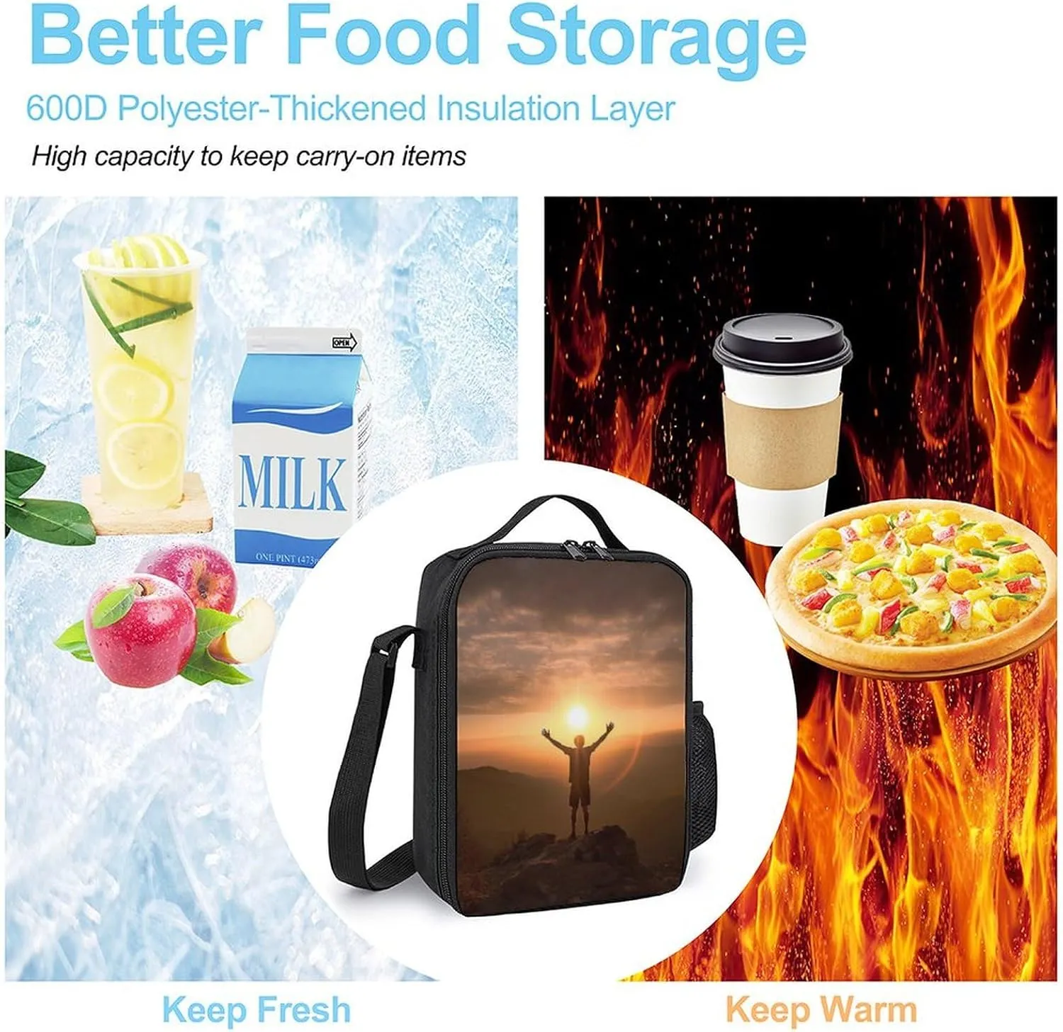 Man Raises His Arms Lunch Bag for Women Men Lunch Box with Front Pocket Insulated Lunch Tote Bag for Office Work