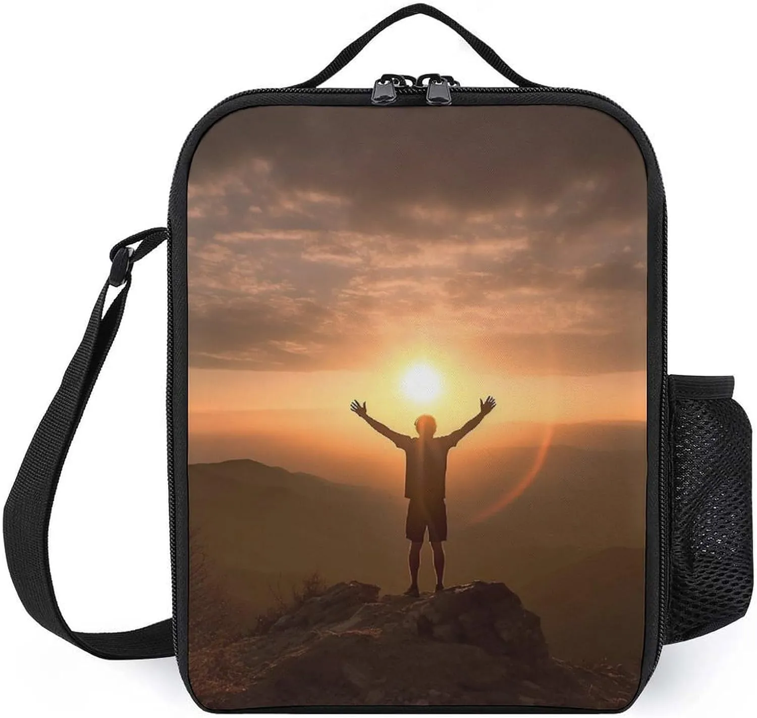 Man Raises His Arms Lunch Bag for Women Men Lunch Box with Front Pocket Insulated Lunch Tote Bag for Office Work