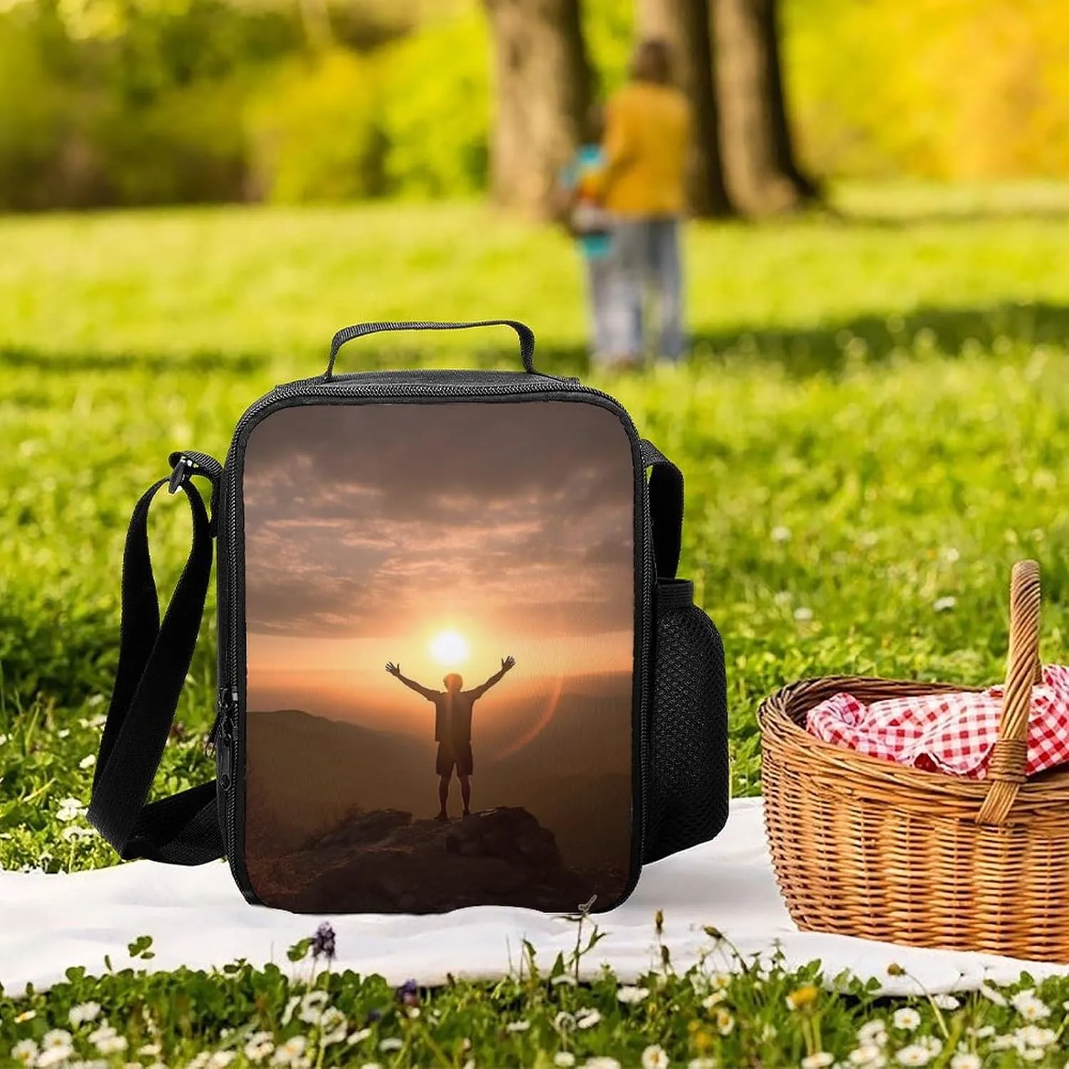 Man Raises His Arms Lunch Bag for Women Men Lunch Box with Front Pocket Insulated Lunch Tote Bag for Office Work
