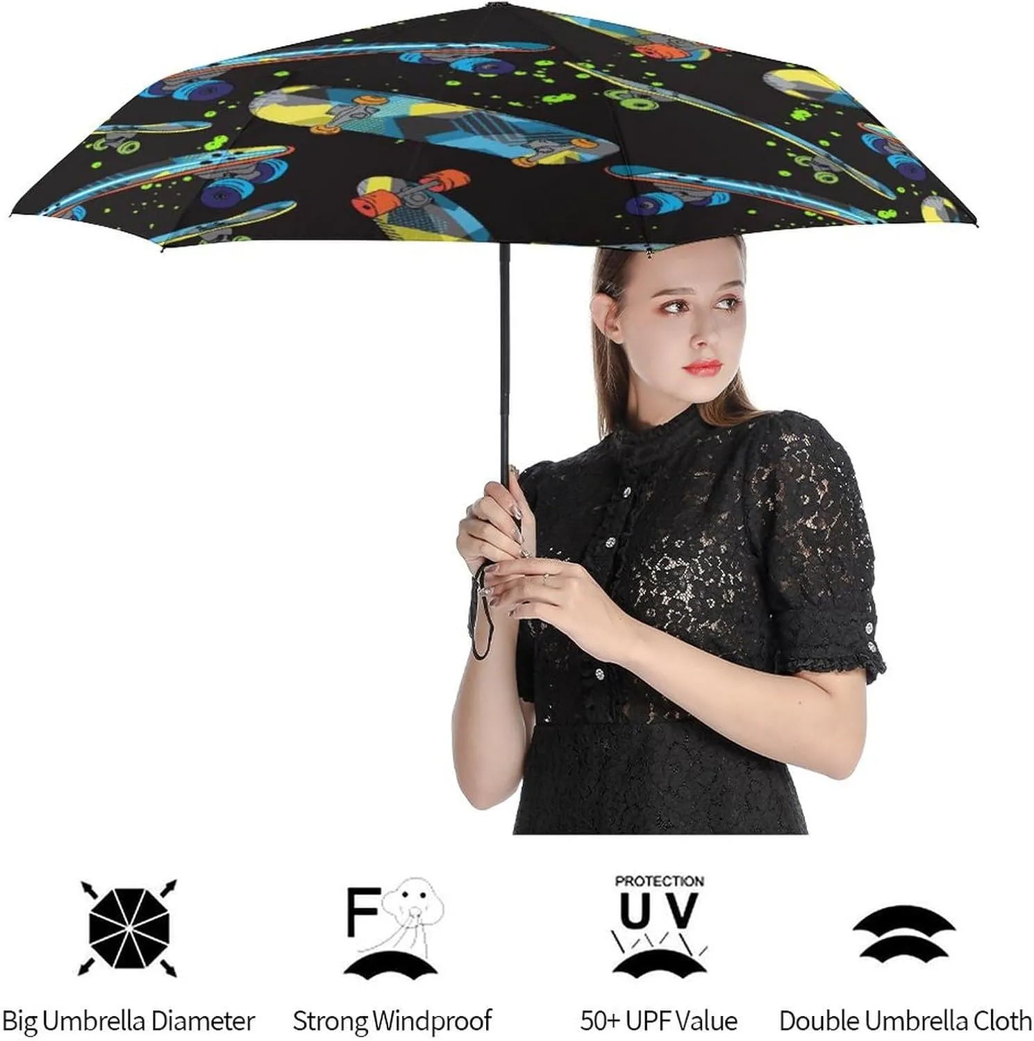 Manual Open/Close Folding Umbrella, UV Sun Parasol UV Protection, Strong Travel Rain Umbrella