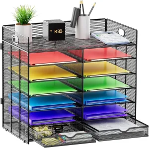 Marbrasse 7 Tier Desktop Literature Organizer, Mesh Paper Organizer, Desk Organizers with Drawer, File Sorter Mail Center Paper Storage Cabinet Classroom Keepers Mailbox for Office Home School (Black)