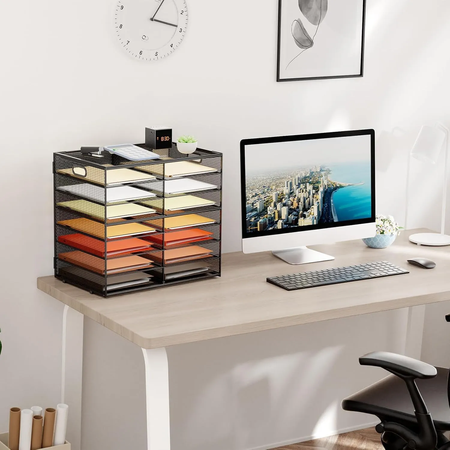 Marbrasse 8 Tier Desktop Literature Organizer, Mesh Paper Organizer Desk Organizers, File Sorter Mail Center Paper Storage Cabinet Classroom Keepers Mailbox for Office Home School, Black