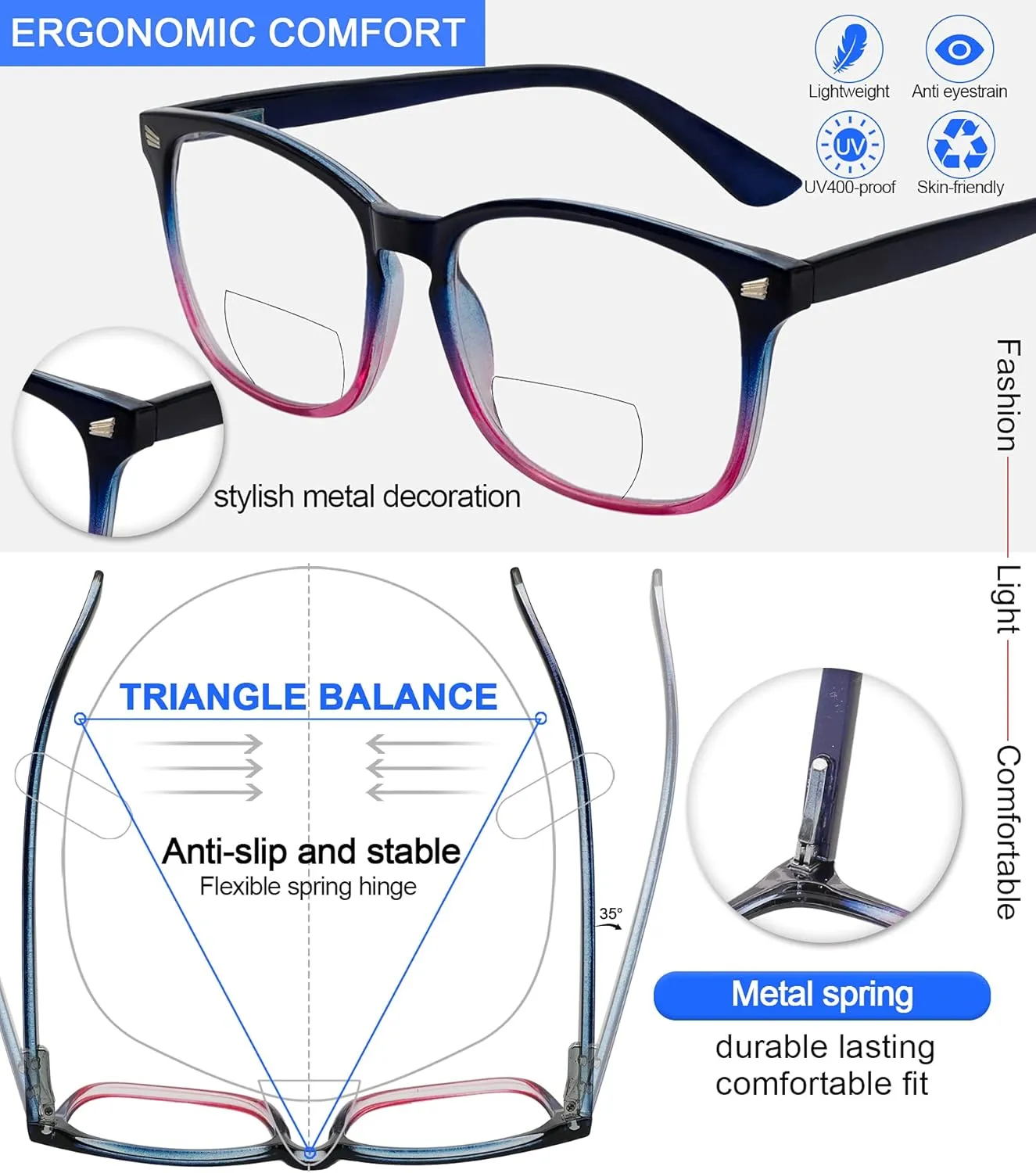 MARE AZZURO Bifocal Reading Glasses Women Blue Light Blocking Outdoor Readers 1.0 1.25 1.5 1.75 2.0 2.25 2.5 2.75 3.0 3.5