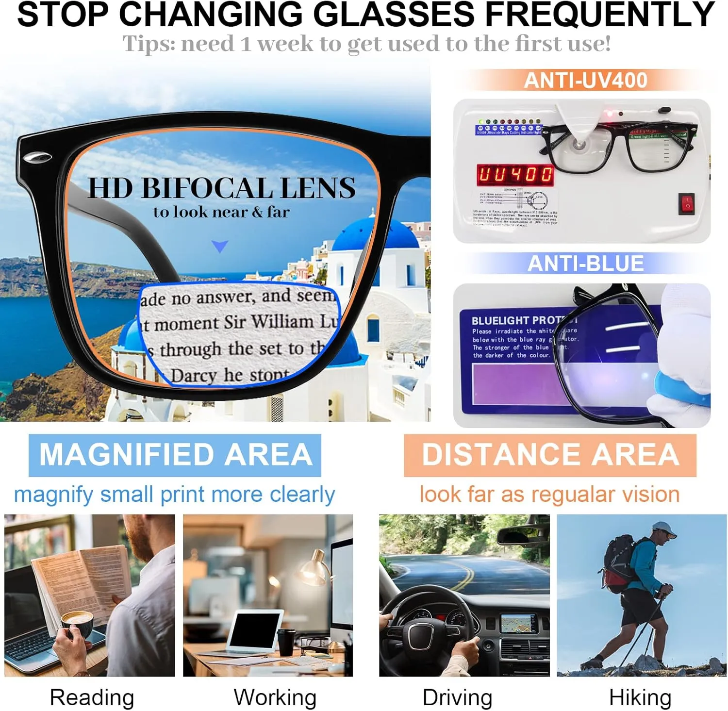 MARE AZZURO Oversized Bifocal Reading Glasses Men Blue Light Blocking Readers 1.0 1.25 1.5 1.75 2.0 2.25 2.5 2.75 3.0 3.5