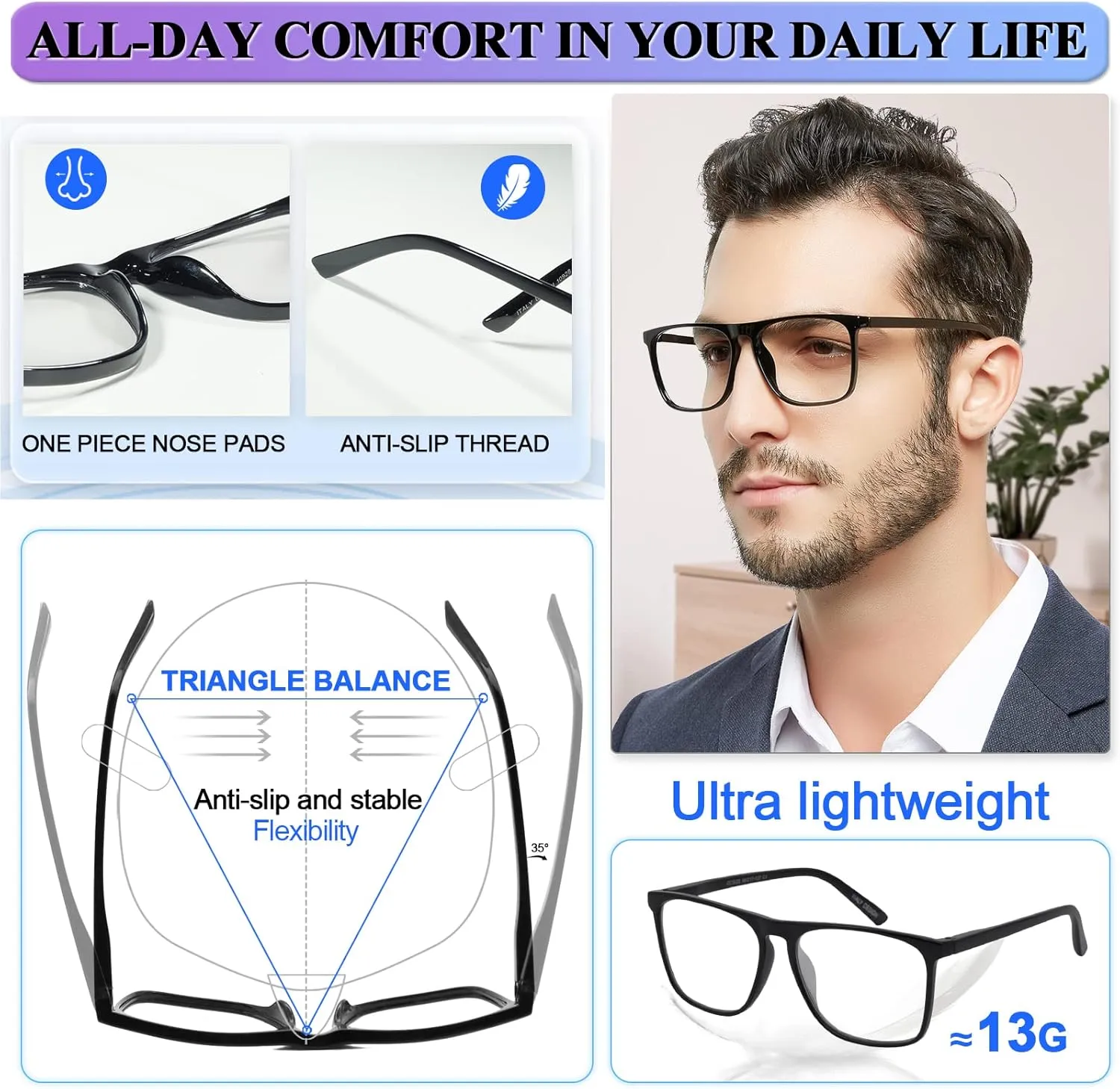 MARE AZZURO Oversized Computer Reading Glasses Men Digital Screen Reader 0 1.0 1.25 1.5 1.75 2.0 2.25 2.5 2.75 3.0 3.5 4.0 5.0 6.0 (Black, 0)