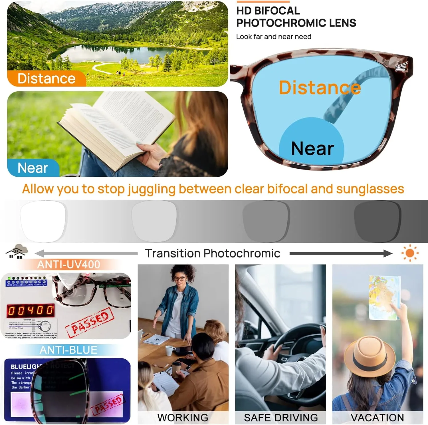 MARE AZZURO Photochromic Bifocal Reading Glasses Women Blue Light Outdoor Readers 1.0 1.25 1.5 1.75 2.0 2.25 2.5 2.75 3.0 3.5