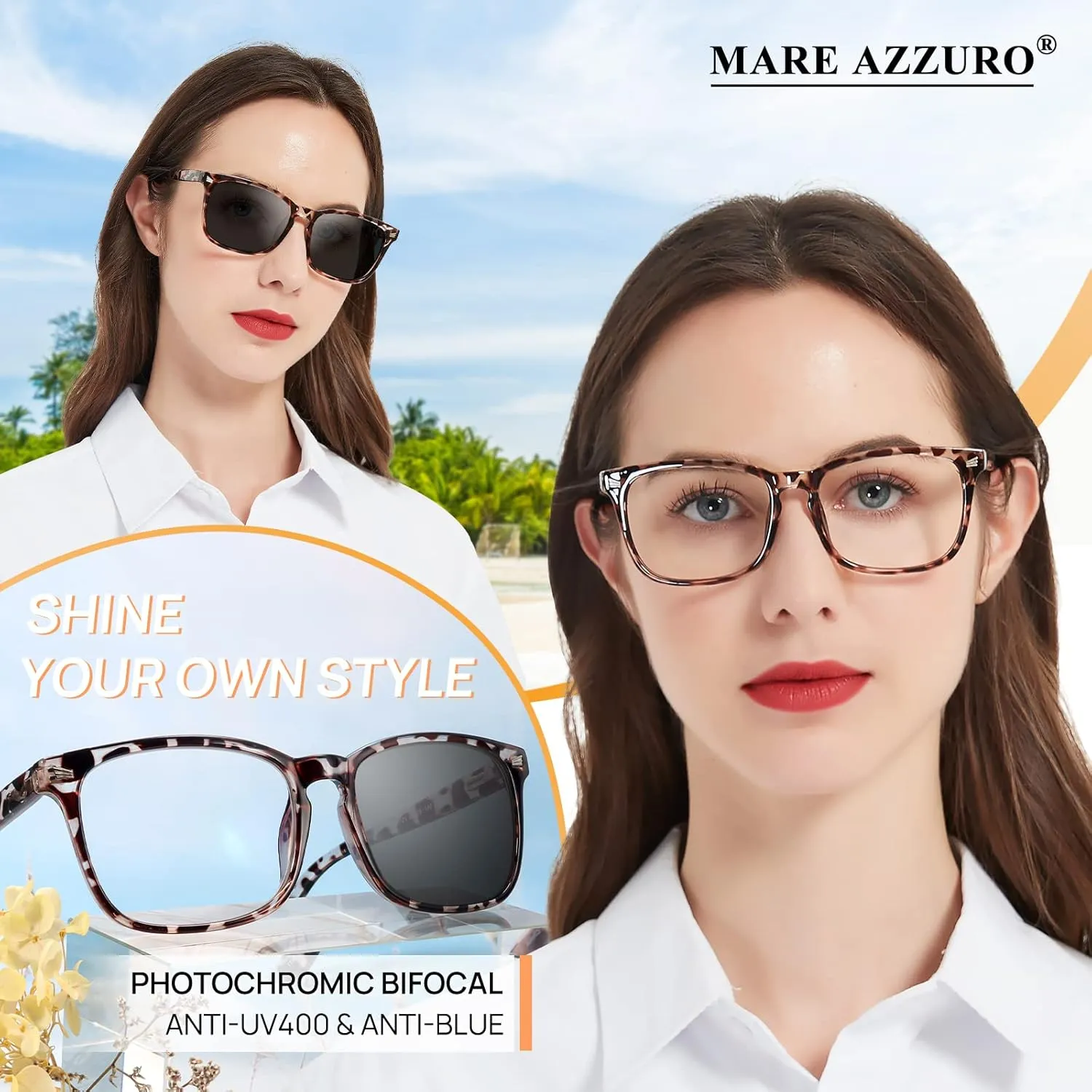 MARE AZZURO Photochromic Bifocal Reading Glasses Women Blue Light Outdoor Readers 1.0 1.25 1.5 1.75 2.0 2.25 2.5 2.75 3.0 3.5