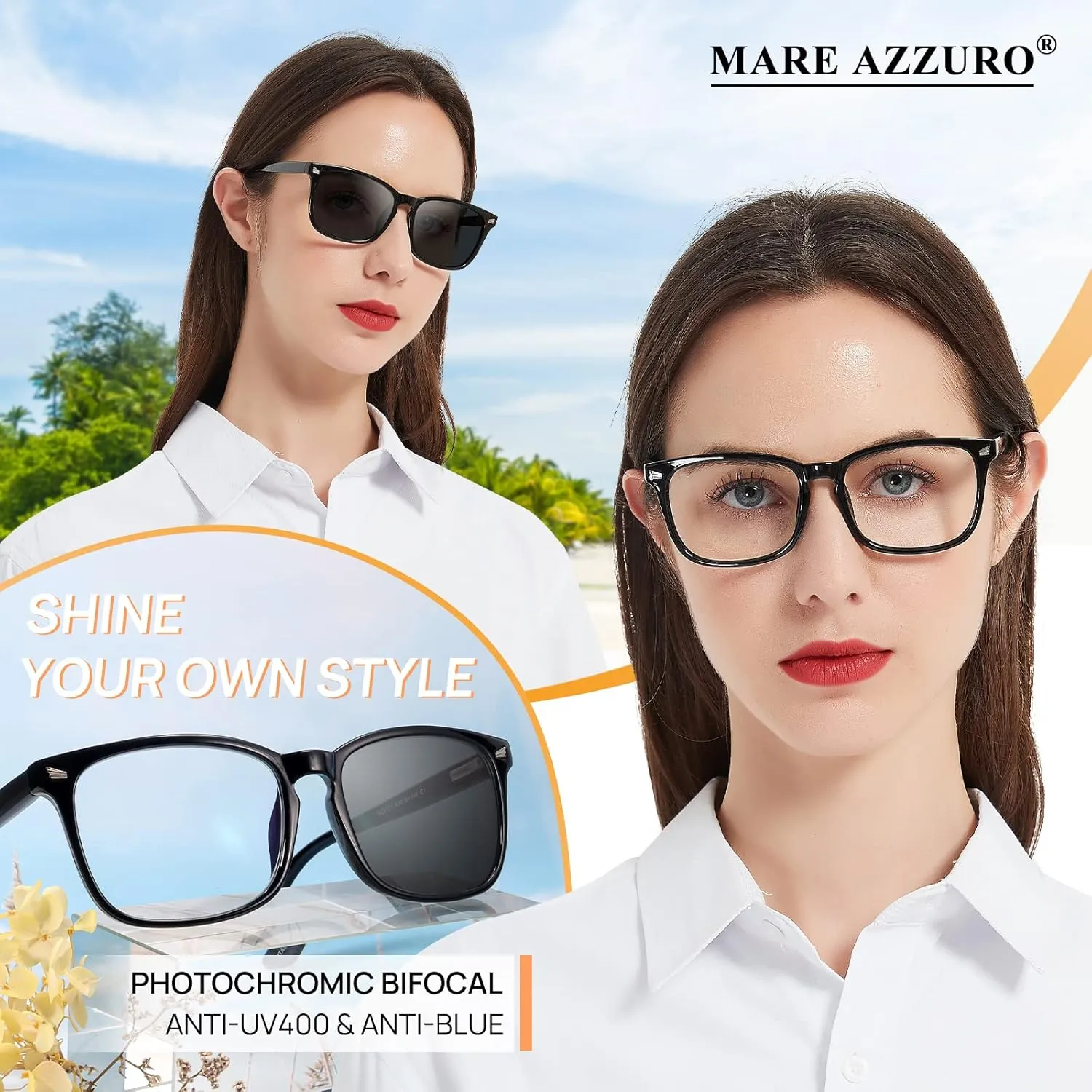MARE AZZURO Photochromic Bifocal Reading Glasses Women Blue Light Outdoor Readers 1.0 1.25 1.5 1.75 2.0 2.25 2.5 2.75 3.0 3.5