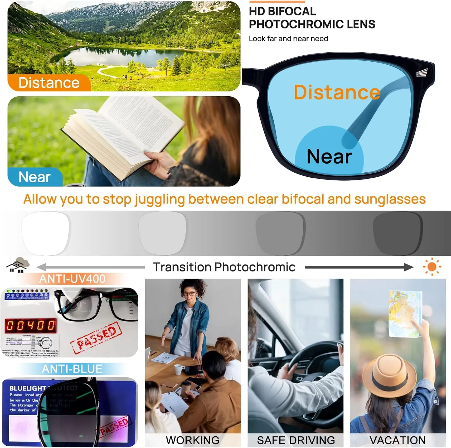 MARE AZZURO Photochromic Bifocal Reading Glasses Women Blue Light Outdoor Readers 1.0 1.25 1.5 1.75 2.0 2.25 2.5 2.75 3.0 3.5