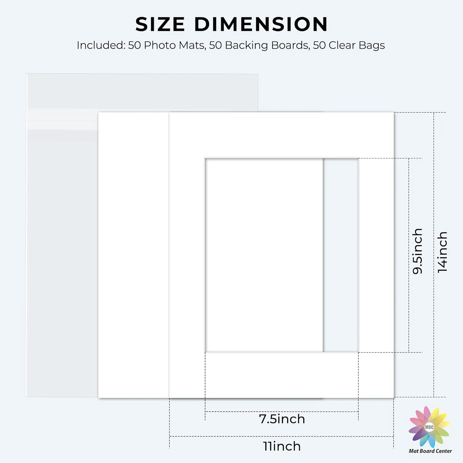 Mat Board Center, Pack of 50, 11x14 for 8x10 - White Mats, Clear Bags, Backing Boards - Acid Free, 4-ply Thickness, White Core - for Pictures, Photos, Framing