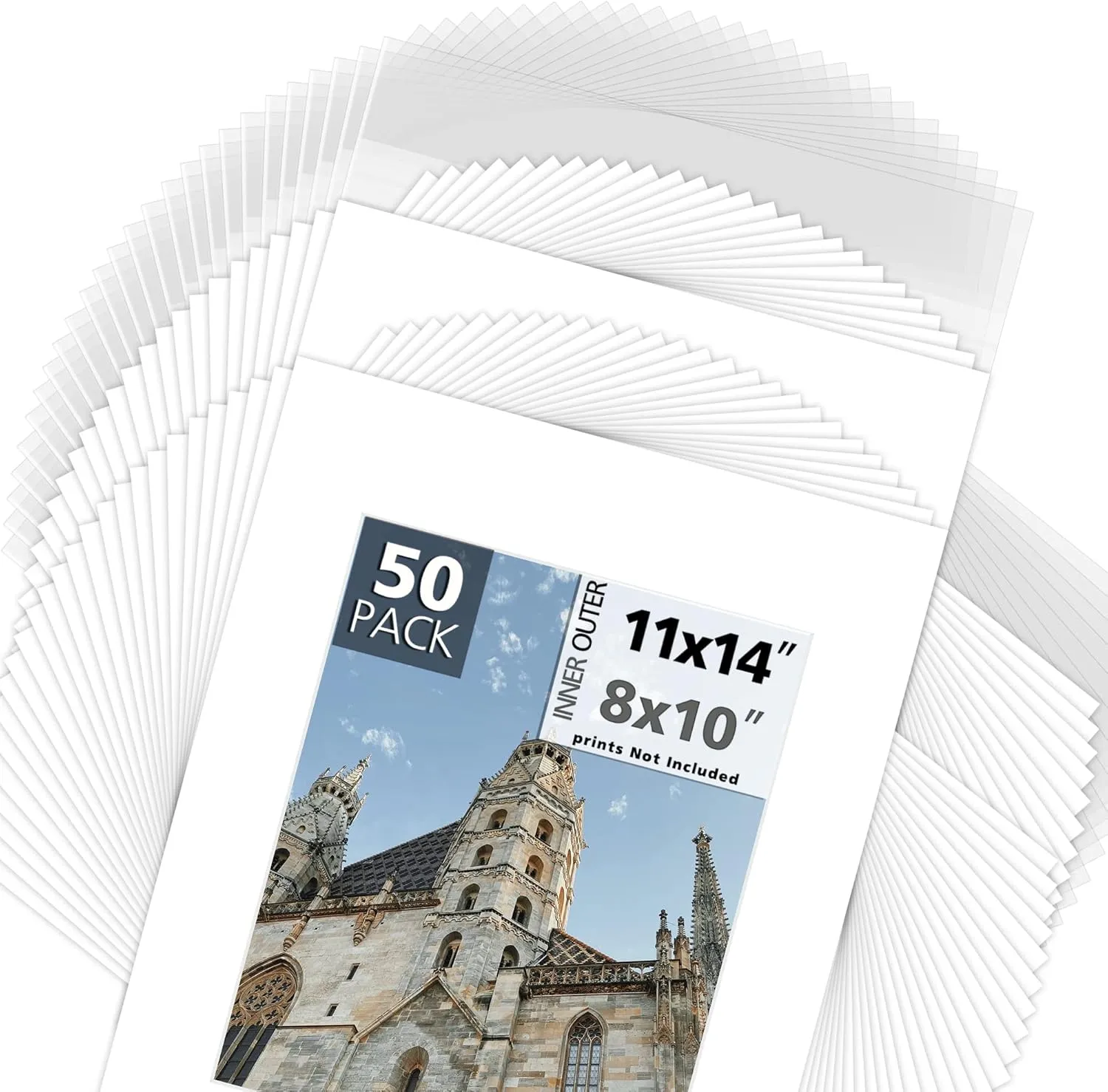 Mat Board Center, Pack of 50, 11x14 for 8x10 - White Mats, Clear Bags, Backing Boards - Acid Free, 4-ply Thickness, White Core - for Pictures, Photos, Framing