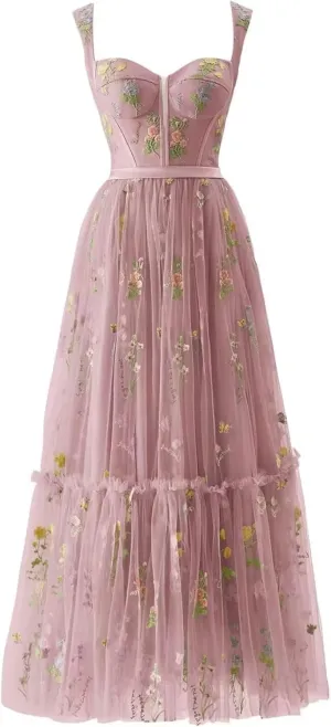 Maxianever Flower Embroidery Prom Dresses for Women Tulle Tea Length Corset A Line Formal Evening Party Gowns