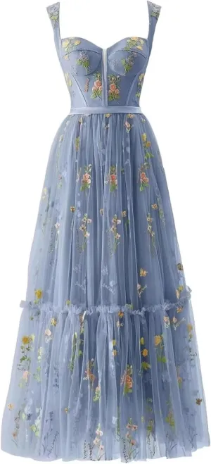 Maxianever Flower Embroidery Prom Dresses for Women Tulle Tea Length Corset A Line Formal Evening Party Gowns