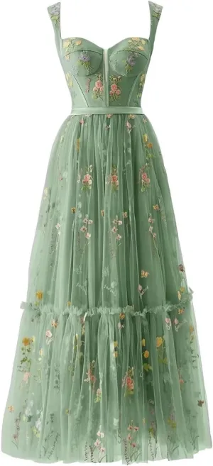 Maxianever Flower Embroidery Prom Dresses for Women Tulle Tea Length Corset A Line Formal Evening Party Gowns