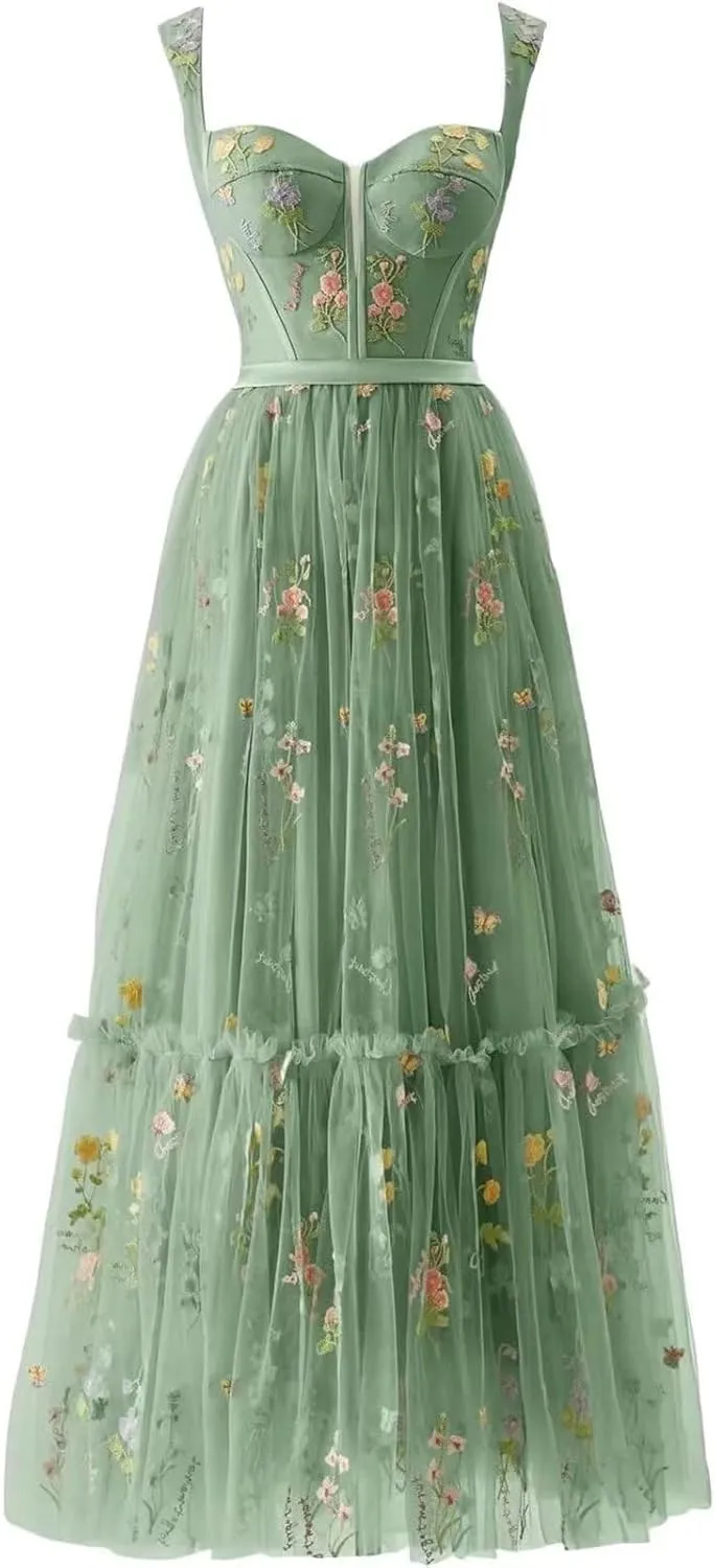 Maxianever Flower Embroidery Prom Dresses for Women Tulle Tea Length Corset A Line Formal Evening Party Gowns