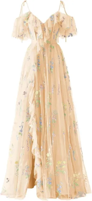 Maxianever Tulle Prom Dresses Flower Embroidery Ruffle V Neck Women's Formal Evening Party Gowns 2024