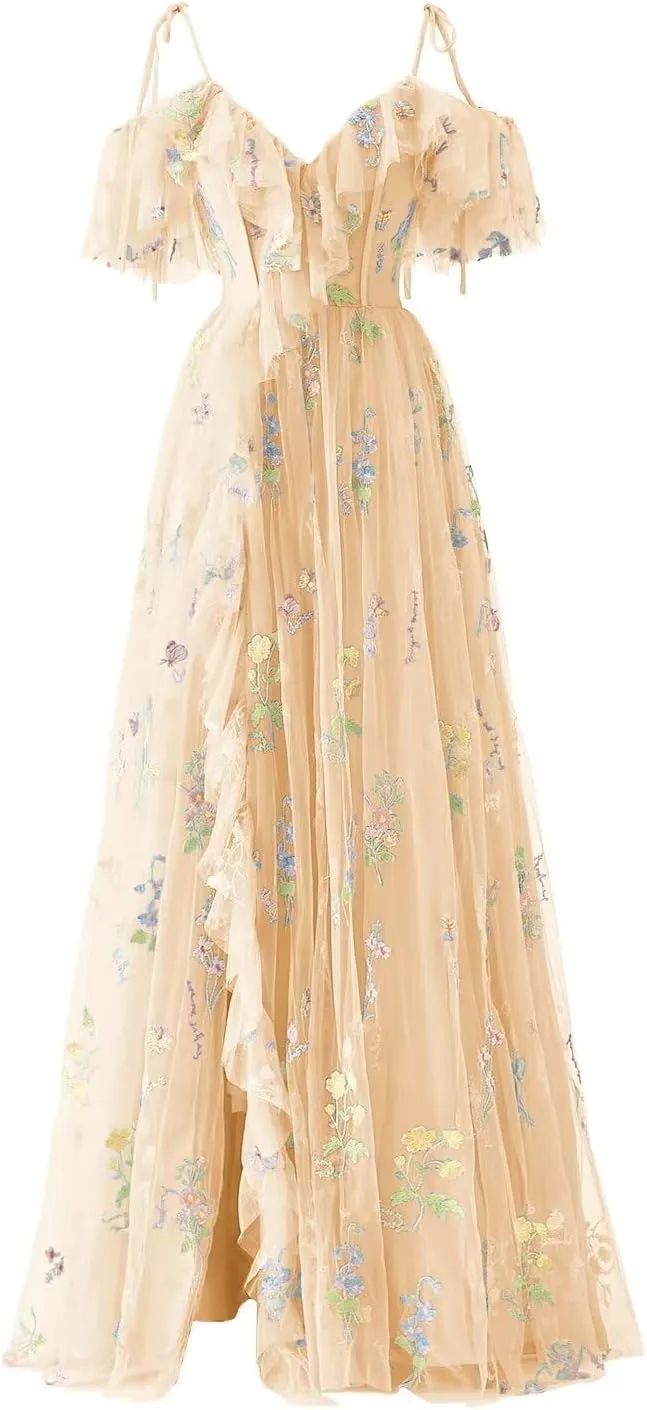 Maxianever Tulle Prom Dresses Flower Embroidery Ruffle V Neck Women's Formal Evening Party Gowns 2024