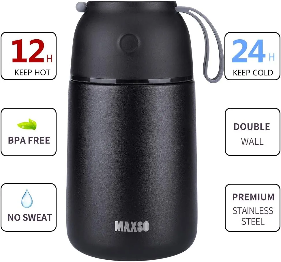 MAXSO 2 Pack Soup Thermo for Hot & Cold Food for Kids Adults, Vacuum Insulated Food Jar Thermal Lunch Containers, Travel Food Flask with Spoon (24 oz,17 oz) (Black)