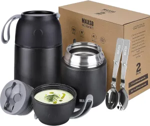MAXSO 2 Pack Soup Thermo for Hot & Cold Food for Kids Adults, Vacuum Insulated Food Jar Thermal Lunch Containers, Travel Food Flask with Spoon (24 oz,17 oz) (Black)