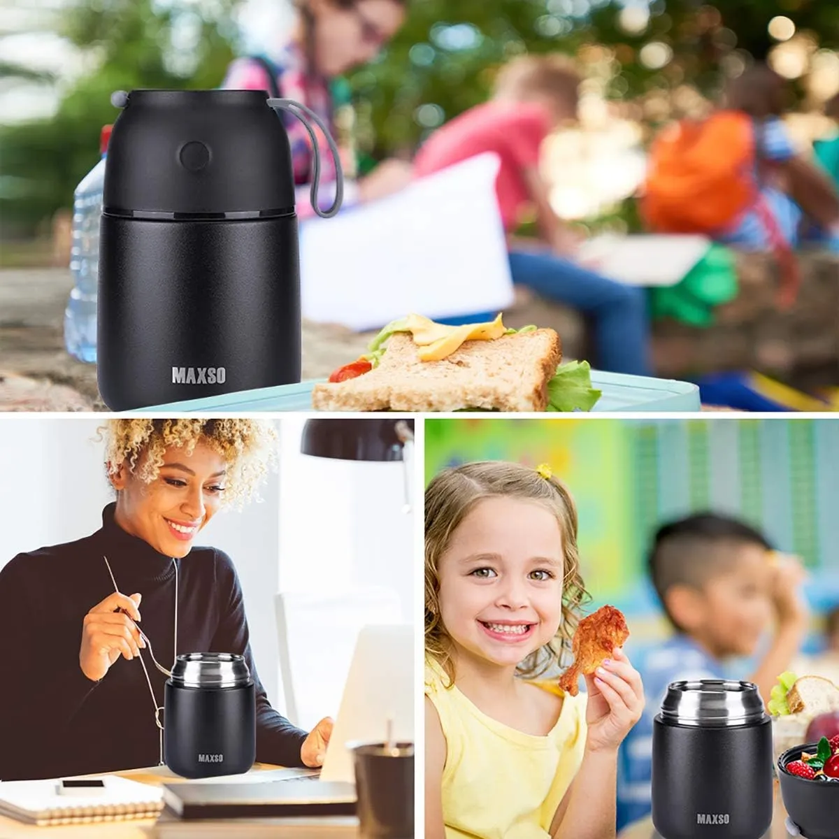 MAXSO 2 Pack Soup Thermo for Hot & Cold Food for Kids Adults, Vacuum Insulated Food Jar Thermal Lunch Containers, Travel Food Flask with Spoon (24 oz,17 oz) (Black)