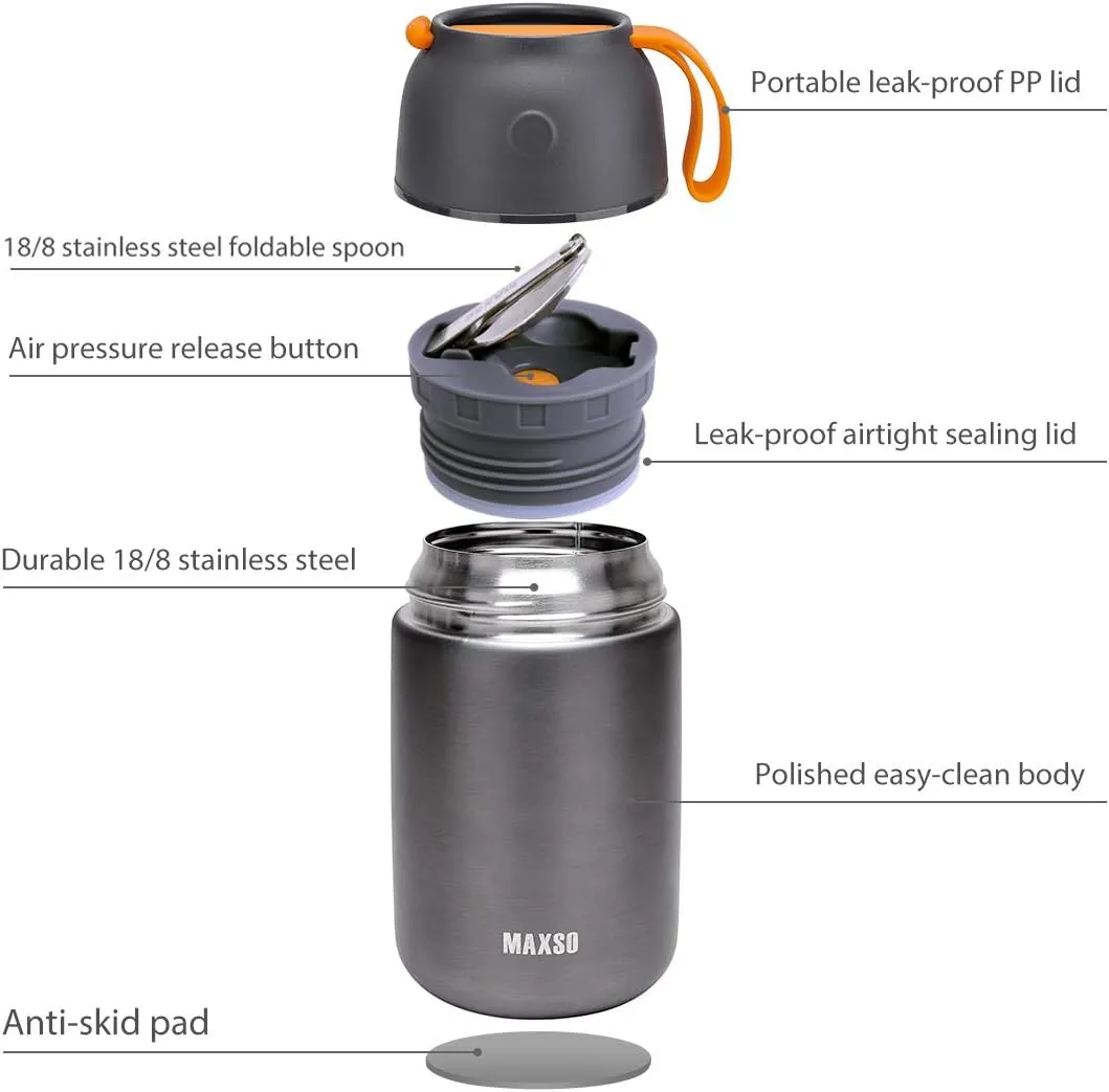 MAXSO 2 Pack Soup Thermo for Hot & Cold Food for Kids Adults, Vacuum Insulated Food Jar Thermal Lunch Containers, Travel Food Flask with Spoon (24 oz,17 oz) (Grey)